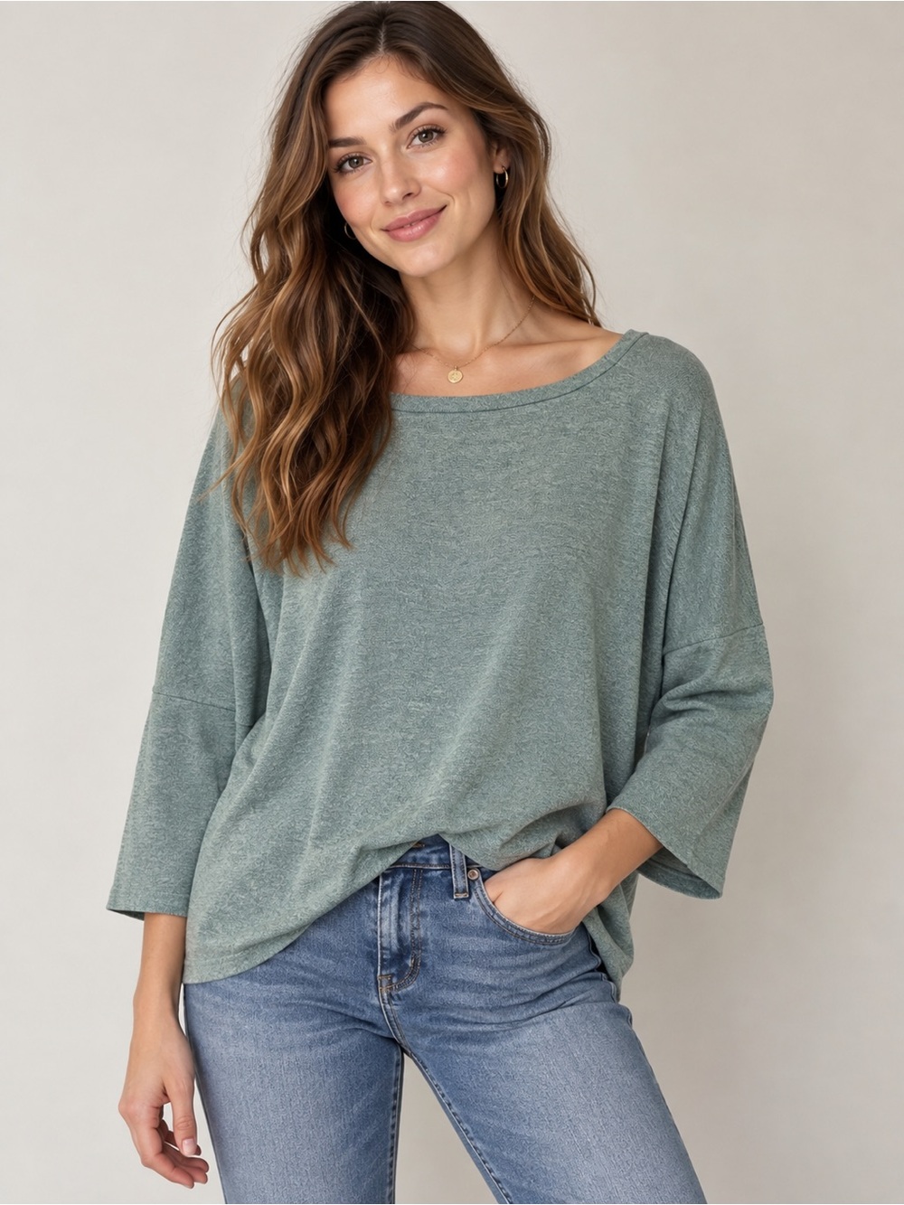 UGET Women's Sage Green Relaxed High-Low Knit Top